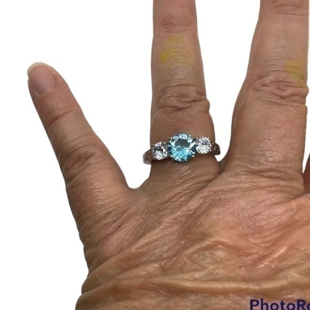 NWOT Sterling silver blue topaz CZ 3 stone ring